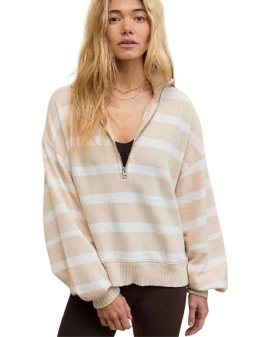 Aerie quarter-zip sweatshirt featuring soft tan and cream horizontal XL